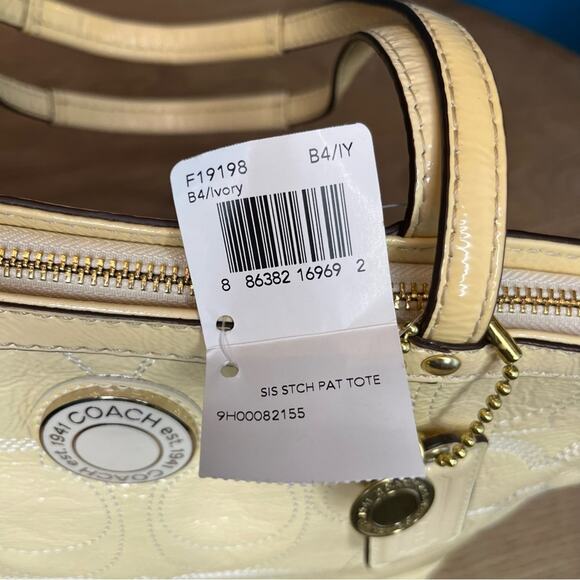 NWT Coach Signature Patent Leather Stitched Stripe Small Tote Butter Cream - Picture 6 of 10